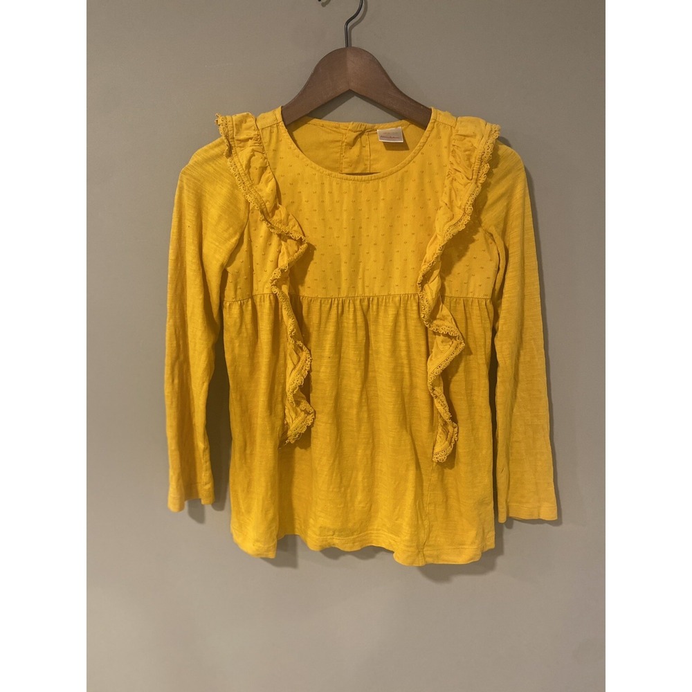 Hanna Andersson Top Girls Size 10 Mustard Yellow Ruffle Pom Pom